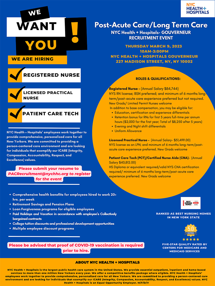 Gouverneur PostAcute Care Long Term Care Recruitment Event NYC Health + Hospitals