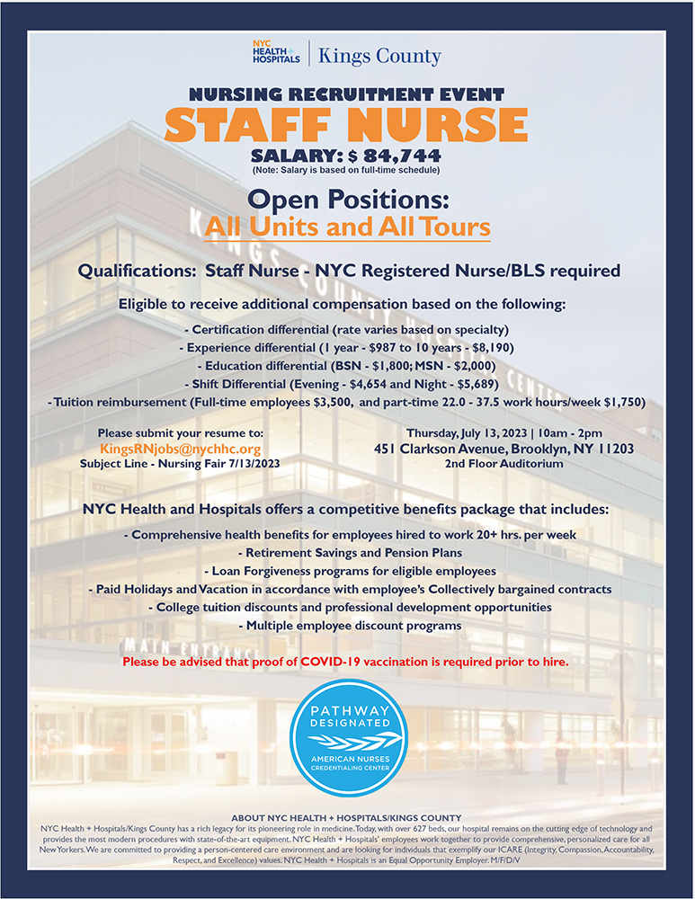 Kings County Nursing Recruitment Event - Staff Nurse - NYC Health 