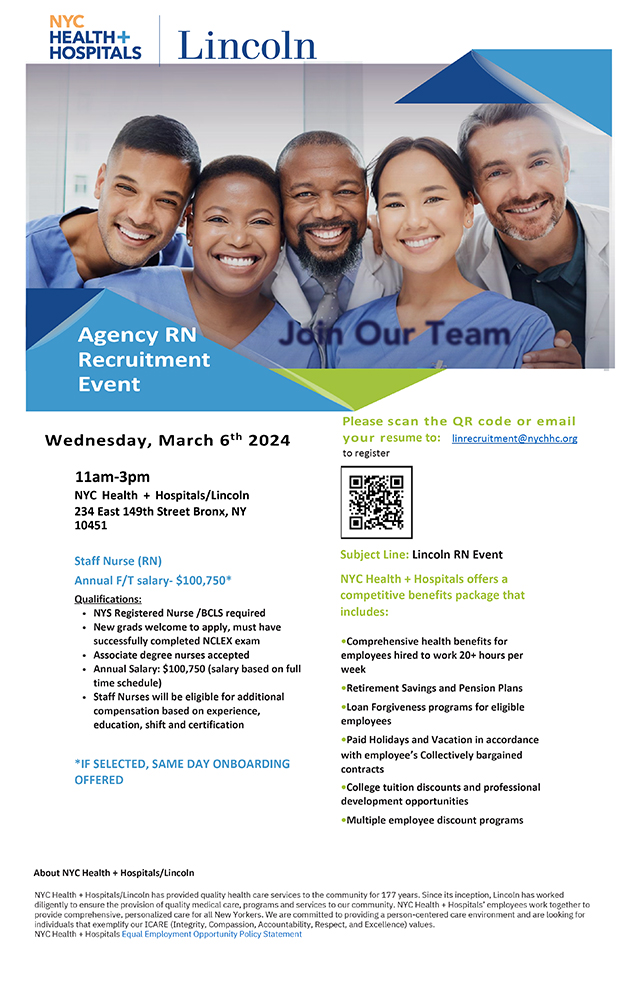 Lincoln Agency RN Recruitment Event - NYC Health + Hospitals