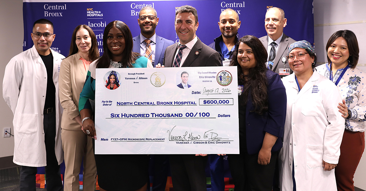 NYC Health + Hospitals/Jacobi | North Central Bronx leadership and ophthalmologists celebrate funding for a new microscope secured by Borough President Gibson and Council Member Dinowitz