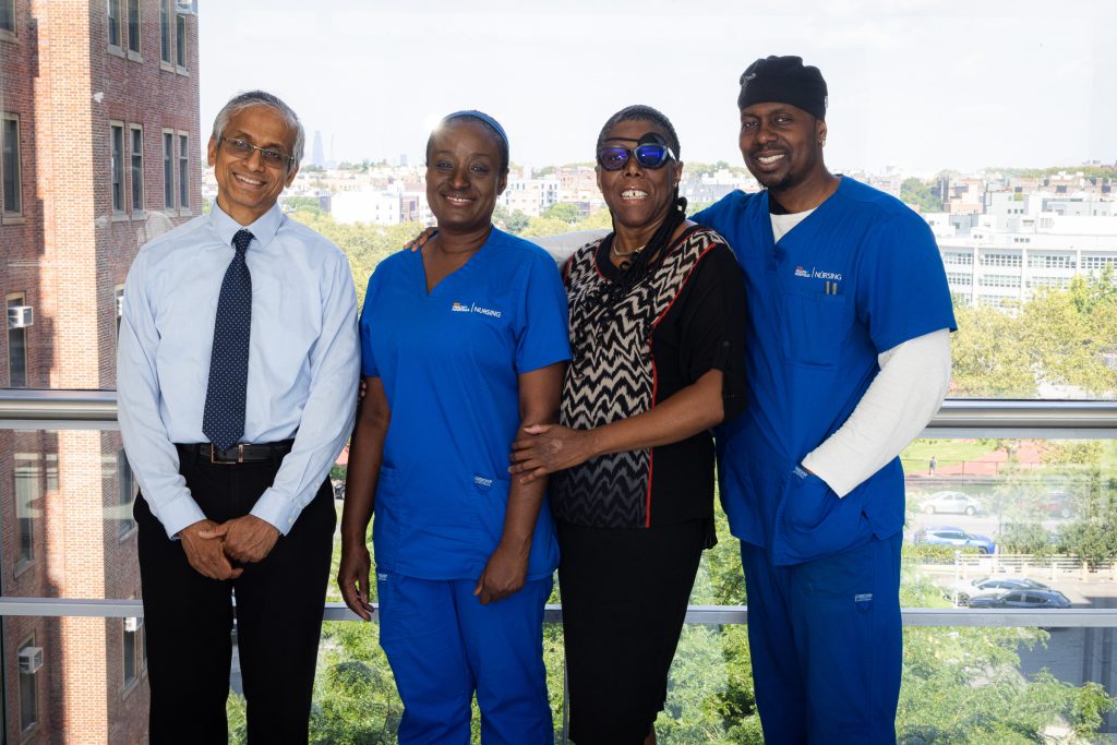 Patient Grace Carter with Dr. Muthu and nurses Elaine Sanon and Dillon Blaize.