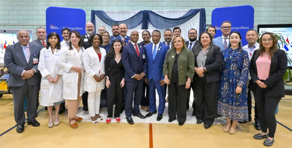 Senior leaders, providers, representatives from participating Latin American consulates, MetroPlusHealth and community partners gather for a group photo during the inaugural 2026 Met Nation Summit at NYC Health + Hospitals/Metropolitan. Photo by Damien Kim for Metropolitan Hospital.