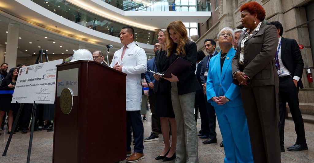 Bellevue Hospital CEO Dr. Eric Wei, Council Member Virginia Maloney, Speaker Julie Menin, Council Health Committee Chair Lynn Schulman, and Council Member Mercedes Narcisse at the announcement of $25.6 million City Council capital investment to modernize adult inpatient psychiatric infrastructure at Bellevue Hospital.