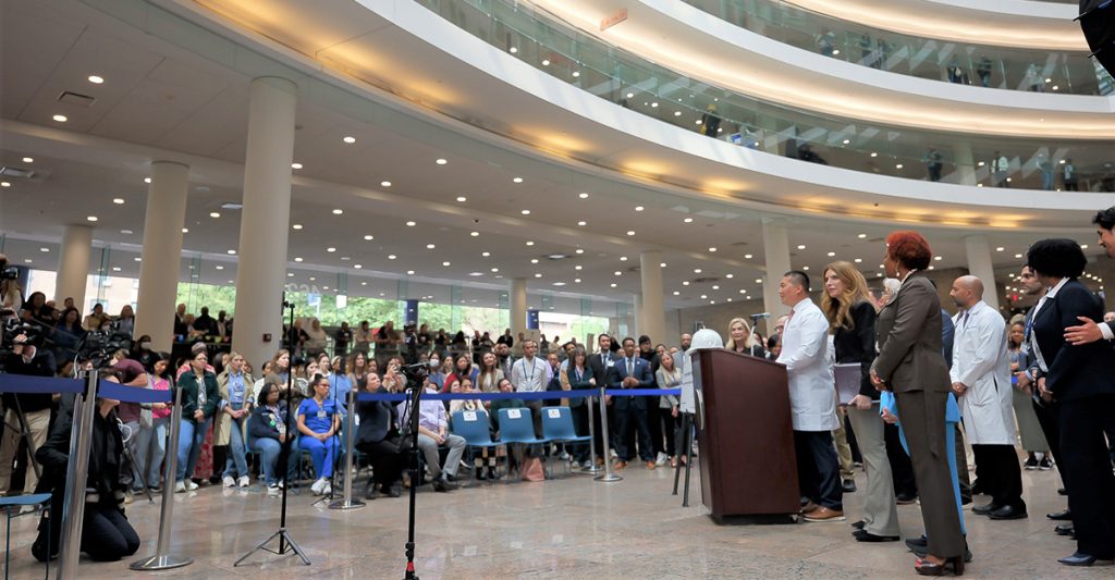 Bellevue Hospital CEO Dr. Eric Wei, Speaker Julie Menin, and elected officials at the announcement of $25.6 million City Council capital investment to modernize adult inpatient psychiatric infrastructure at Bellevue Hospital.