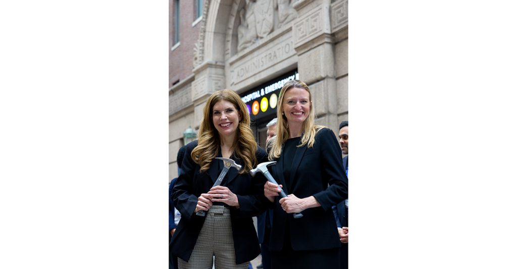 Speaker Julie Menin and Council Member Virginia Maloney with ceremonial hammers at the announcement of $25.6 million City Council capital investment to modernize adult inpatient psychiatric infrastructure at Bellevue Hospital.