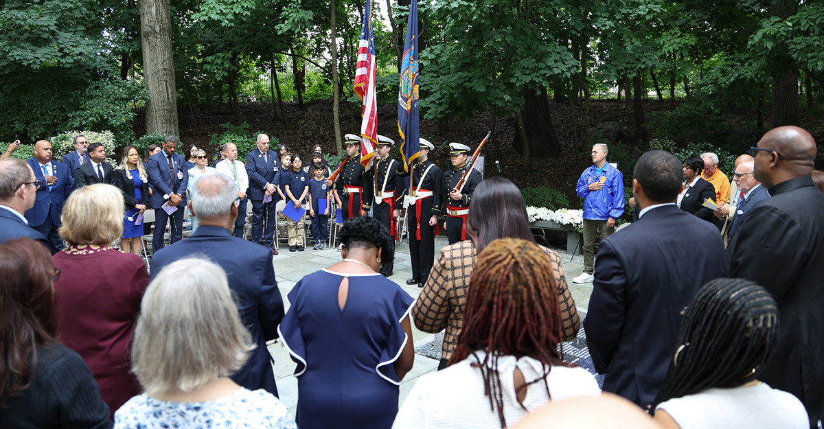 Attendees gathered at NYC Health + Hospitals/Jacobi’s 9/11 Memorial Garden to honor the 25th Anniversary