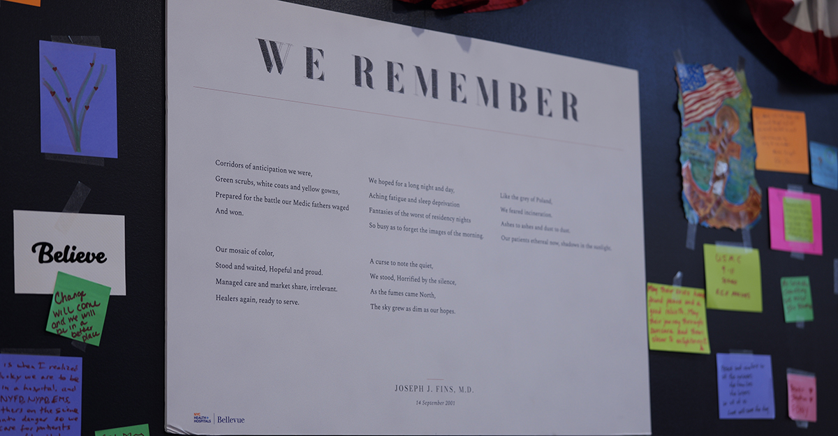 Bellevue Hospital's Wall of Remembrance includes messages of hope, resilience, and remembrance shared by staff and patients.