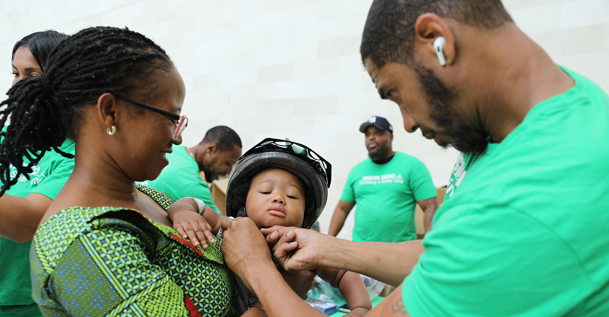 Patients and visitors of all ages were fitted for the helmet giveaway.